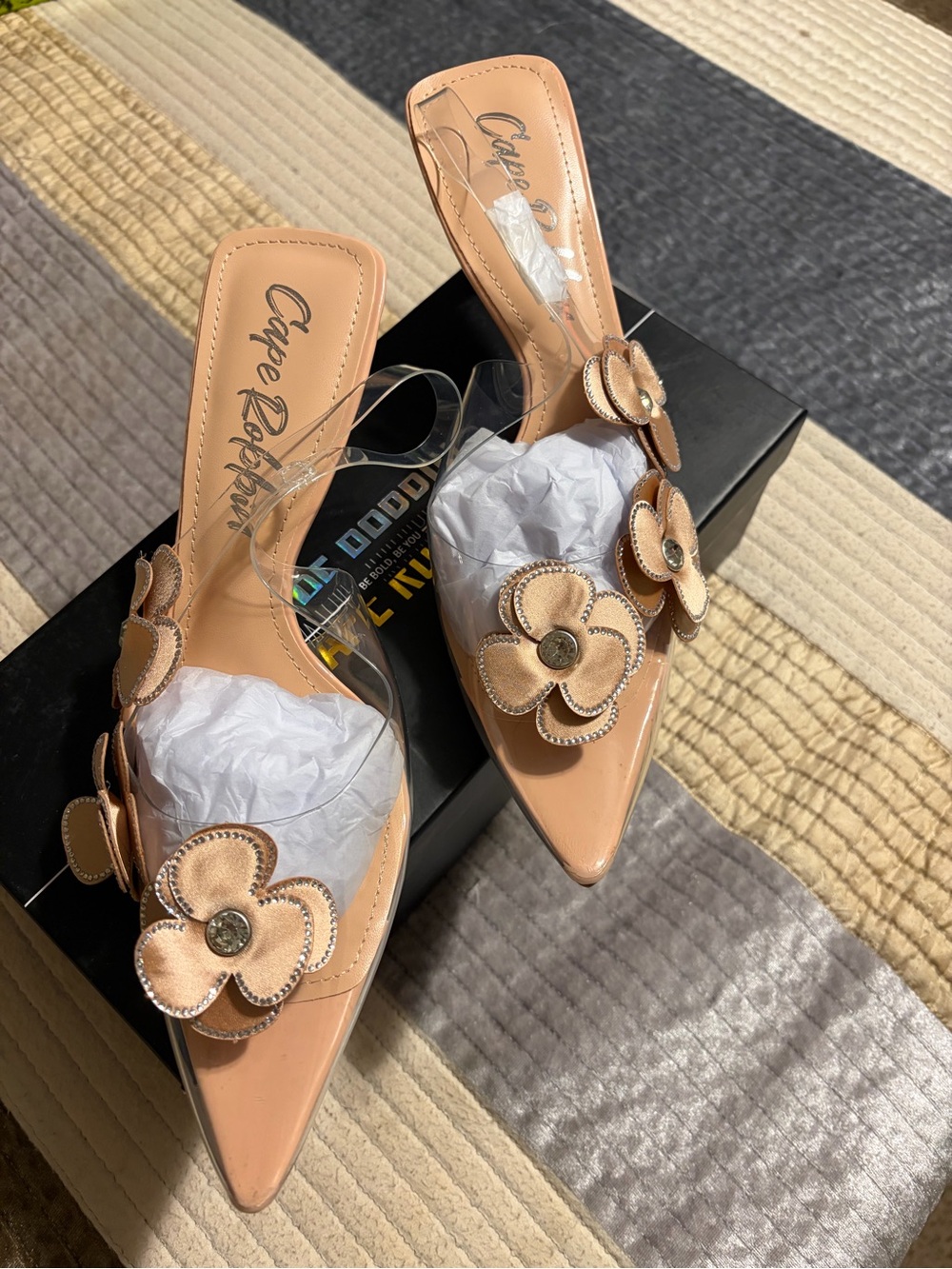 Cape Robbin Nude Floral Pointed Toe Mules with Clear Strap